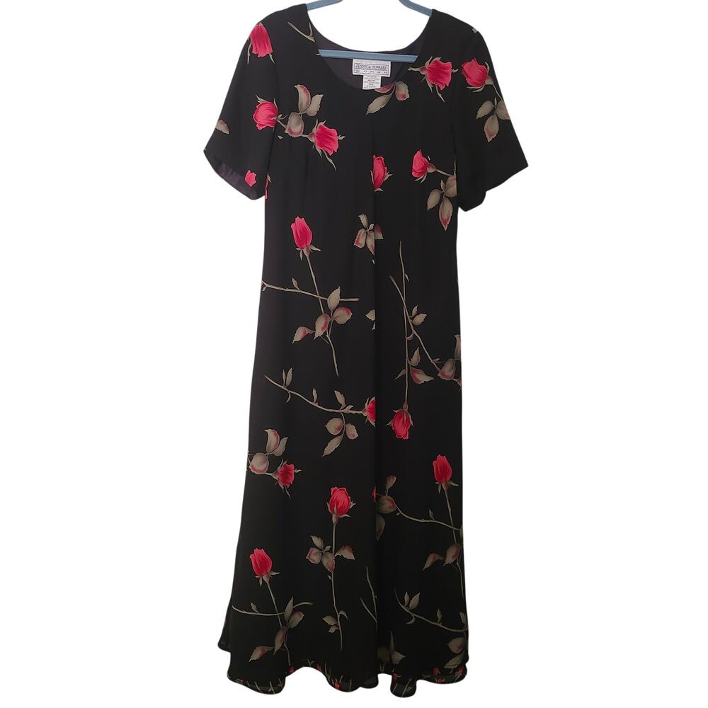 Vintage Jessica Howard Maxi Dress Black with Red Roses Size 14